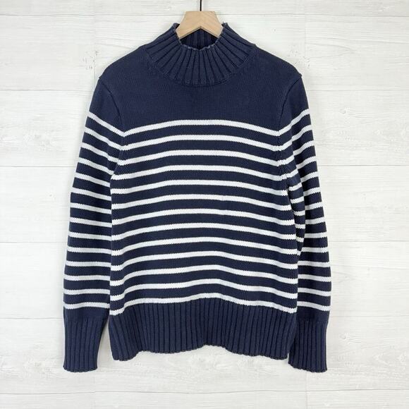 J.Crew Turtleneck Sweater Women Large Navy Stripe Cotton Chunky Knit Coastal - Picture 2 of 16